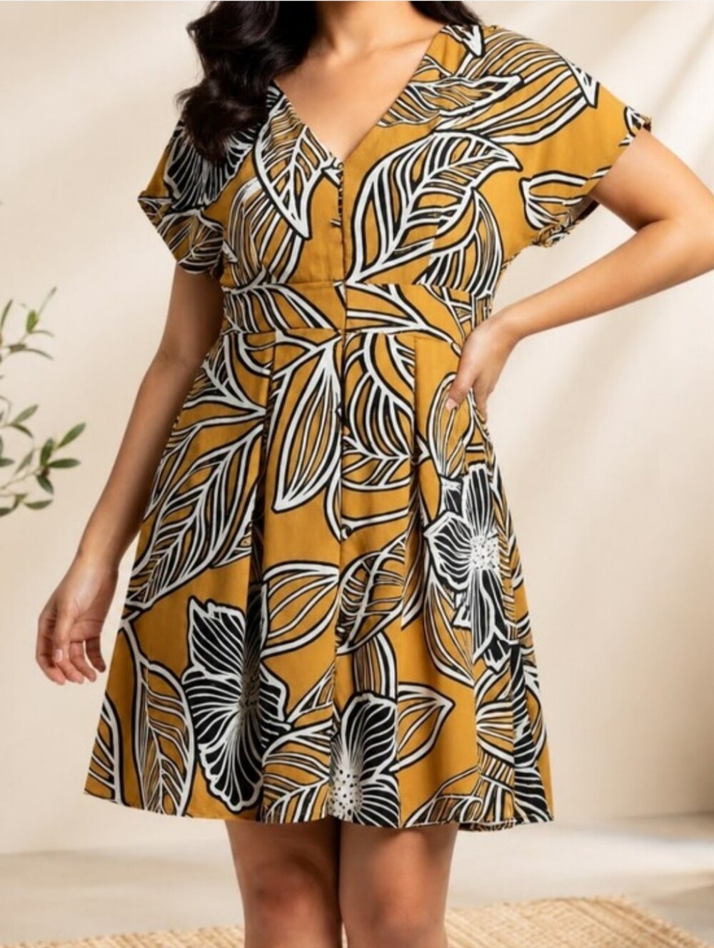 Sienna Sky Mustard Black & White Floral V-Neck Mini Dress